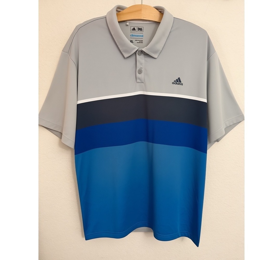 Adidas Golf Mens XL Climacool Polo Shirt Grey Blue Striped Short Sleeve